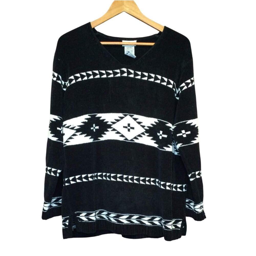 Vintage Womens Sweater Black White Aztec Diamond Pattern Ladies Size L Western